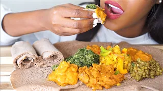 ASMR ETHIOPIAN FOOD MUKBANG (Injera, Yemisir Wot, Tikile Gomen, Shiro, Vegie Combo) *No Talking