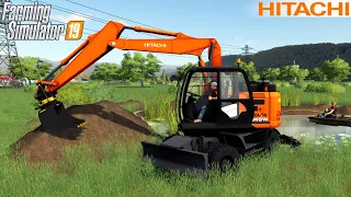 Farming Simulator 19 - HITACHI 145W The Excavator Digs The Dirt And Deepens The Pond