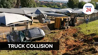 WATCH | Joburg N1 collision: Truck and car roll over embankment