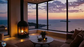 Soothing Piano Jazz ✨🎺 With Charming View of Ocean 🌊 Relaxing Crackling Fireplace Sound 🔥