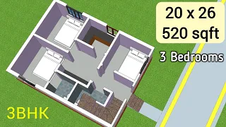 20 x 26 Compact house plan for 3BHK in 520 square feet with guest room