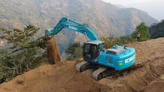 KOBELCO EXCAVATOR Cutting Hill - Hilly Road Construction - Kobelco 220 Excavator Working on Hill