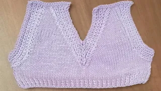 Цельновязаный V-образный вырез горловины и пройма резинкой #вязание #knitting #vest #жилет # свитер
