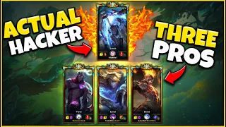 3 PRO PLAYERS VS 1 CHALLENGER HACKER (AIMBOT + DODGE SCRIPT) CRAZY LEAGUE CHEATS - League of Legends