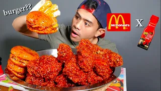 INSANE!!! EATING 10 CHICKEN AND 3 BURGER FROM MCDONALD USING 2 BOTTLES OF NUCLEAR SAMYANG SAUCE!!