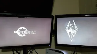 Skyrim PS5 (Left Monitor) load time comparison vs PS4 Pro (Right Monitor)