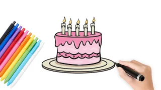 How to draw a birthday cake || Delicious cake painting || Step by step drawing of pink birthday cake