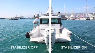 Axopar 28 Cabin with Quick Gyro X2 stabilizer for roll reduction in small fishing and trailer boats.