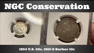 NGC Conservation - 1854 Seated Liberty Half Dollar, 1912-S Barber Dime