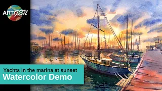 Demonstration of drawing a watercolor landscape with yachts at sunset