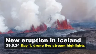 New drone footage from the volcano eruption in Iceland, live stream highlights (29.05.24)