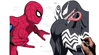 How To Draw Spiderman vs Venom | Step By Step | Marvel