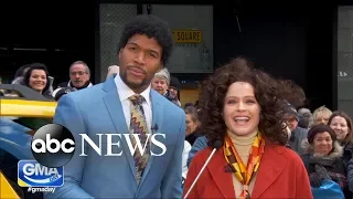 Michael Strahan and Sara Haines in full 70s attire for 'GMA Day' game 'Street Smarts'