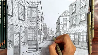 Drawing Using Multiple One Point Perspective | Buildings on European Street | Timelapse