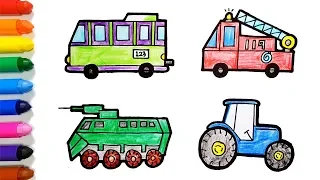 Drawing Car Easy | How to draw Fire Truck,Tank,Bus and Tractor EASY | Drawing and Coloring for Kids
