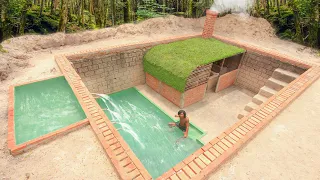 Building complete and warm survival underground house | Swimming pool , grass roof, cooking