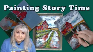 A "Story Time" Acrylic Painting of an  Old Barn on a Wet Road, and Ginger and Jon Chatting