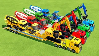 TRANSPORTING EXCAVATOR, MIXER TRUCK, BULLDOZER, POLICE CARS TO GARAGE WITH MAN TRUCK - FS22