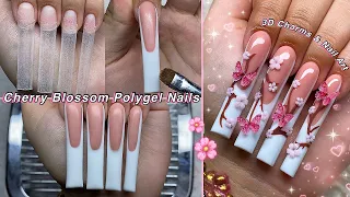 CHERRY BLOSSOM POLYGEL NAILS🌸 HOW TO FRENCH TIP & 3D FLOWER CHARMS DESIGN! | Nail Tutorial