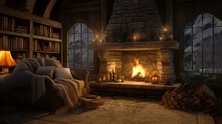 Hello winter ⛄ Cozy Cabin Ambience with Fireplace Sounds, Blizzard & Jazz for Relaxation 🔥