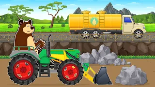 Driving a Tractor to Dig and Pumping water into Ponds to Fish Farming - Tractor Farm Cartoon