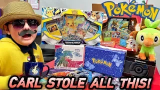 CARL STEALS CHRISTMAS PRESENT BOX FROM POKEMON! ITS FILLED WITH NEW POKEMON CARDS & MORE SURPRISES!