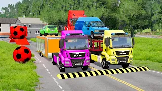 Double Flatbed Trailer Truck vs Speedbumps Train vs Cars | Tractor vs Train Beamng.Drive 014