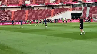 Erik Ten Hag watches as Jadon Sancho whips a cross in which is headed into the goal by Rashford