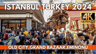 ISTANBUL TURKEY OLD CITY CENTER GRAND BAZAAR,EMINONU,SIRKECI 4K ULTRA HD WALKING TOUR VIDEO 2024