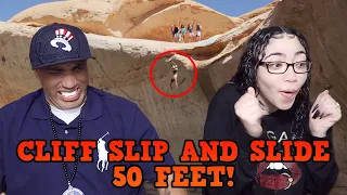 MY DAD REACTS Cliff Slip and Slide! 50 Feet! In 4K! REACTION