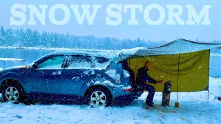 Winter Car Camping In Heavy Snow Storm ASMR | Relaxing Under Tarp Shelter