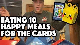 CHALLENGE: Eating 10 McDonalds Happy Meals For 10 Pokemon Packs | Opening 25th Anniversary Cards