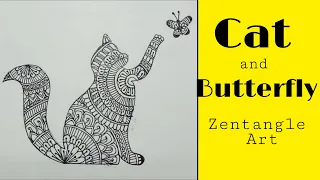 Cat catching Butterfly Zentangle Art | How to draw Cat and Butterfly Step by Step for beginners