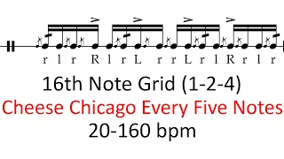 Cheese chicago every five notes (1-2-4 accents) | 20-160 bpm playalong 16th grid drum practice music