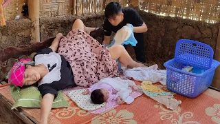 Pregnant woman gives birth to a baby girl. husband takes care of his wife after giving birth