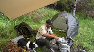 CAMPING in RAIN - TENT - Stone FIRE Pit - ASMR