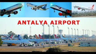 Big spotting at International Airport Antalya: landing and take-off of aircrafts.