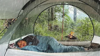 RELAXING RAIN SOLO  CAMPING - Relax in Cozy tent with CAMP Fire - ASMR RAIN SOUNDS