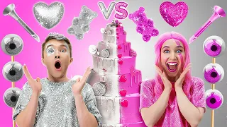 PINK VS SILVER FOOD CHALLENGE || Eating Only 1 Color Cake Challenge by 123GO! SCHOOL