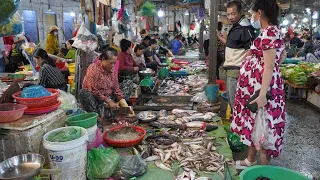 Cambodia Food Market Scene in Morning - Plenty Various Vegetable, Seafood, Fish & More @Phsa Tumnob