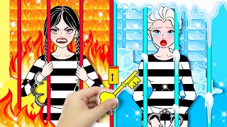 DIY Paper Dolls & Crafts - Hot Wednesday Addams VS Cold Elsa In Jail - Barbie's New Home Handmade