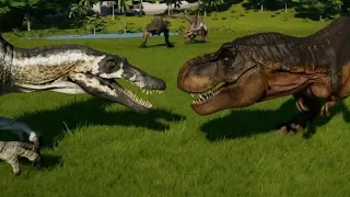 Jurassic World Evolution - 2 Tyrannosaurus Rex vs 2 Spinosaurus (1080p 60FPS)