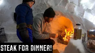 Grilling Steaks on Fire in Igloo!