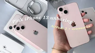 iPhone 13 (pink 256 gb) unboxing + AirPods 2 | ft. cute accessories 💓✨