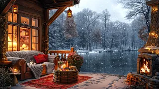 Winter Morning in Cozy Porch Ambience with Smooth Piano Jazz Music☕ Gentle Snowy Falling in Lakeside