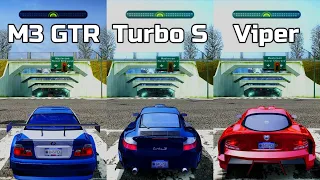 NFS Most Wanted: BMW M3 GTR vs Porsche 911 Turbo S vs Dodge Viper SRT - Drag Race