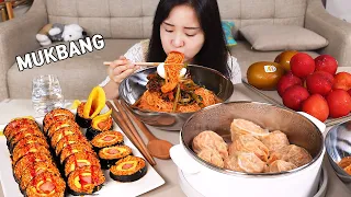 요리 먹방 :)불닭볶음면 스팸김밥이 얼마나 맛있는지 남편이 다 먹네요ㅠ, 직접담근 열무비빔국수, 김치만두. 후식은 자두와 키위~ buldak gimbap.