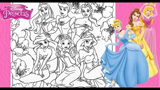 Disney Princess Together Compilation Coloring Page ARIEL SNOW WHITE AURORA CINDERELLA JASMINE MARKER