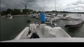 Berthing our Fairline Phantom 43 (on second attempt) in Naantali, Finland. Crosswind.