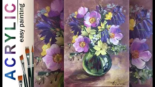 Wild roses & bluebells in glass vase 🎨 ACRYLIC How to paint flower bouquet. Tutorial DEMO